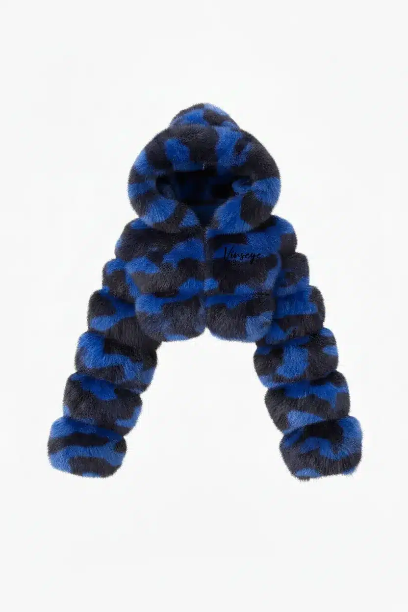 Blouson Crop à Capuche Fourrure Camo bleu Vinseye-influensse