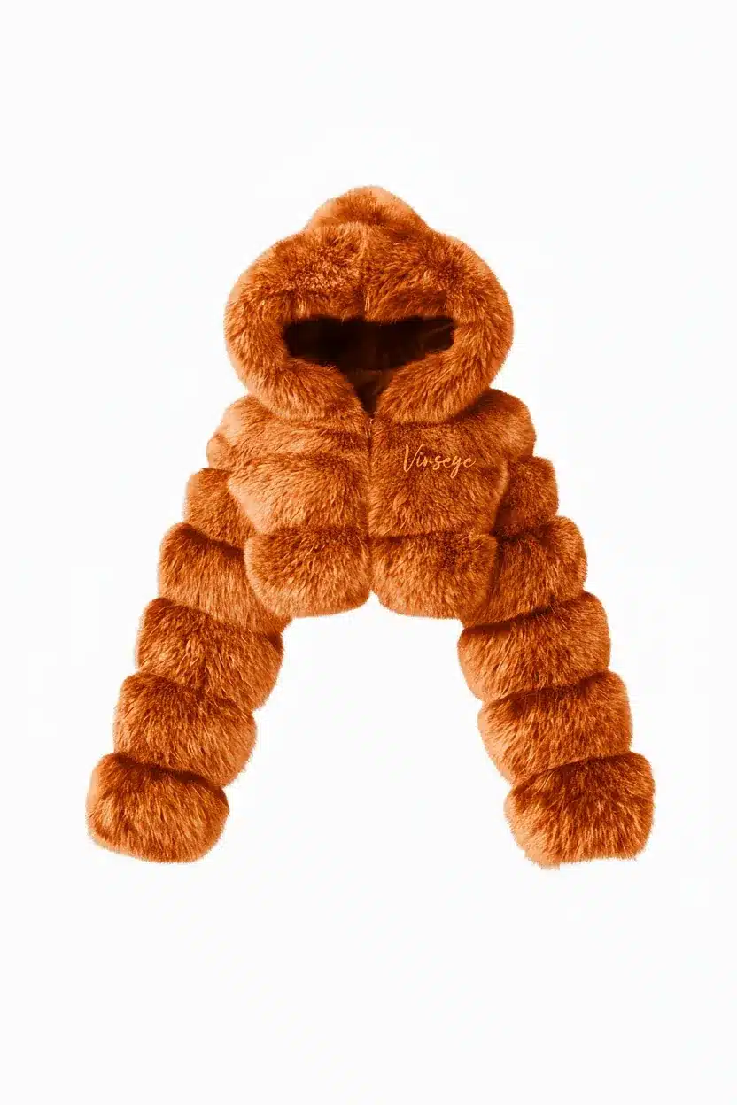 Blouson luxe Crop à Capuche Fourrure orange Vinseye-influensse