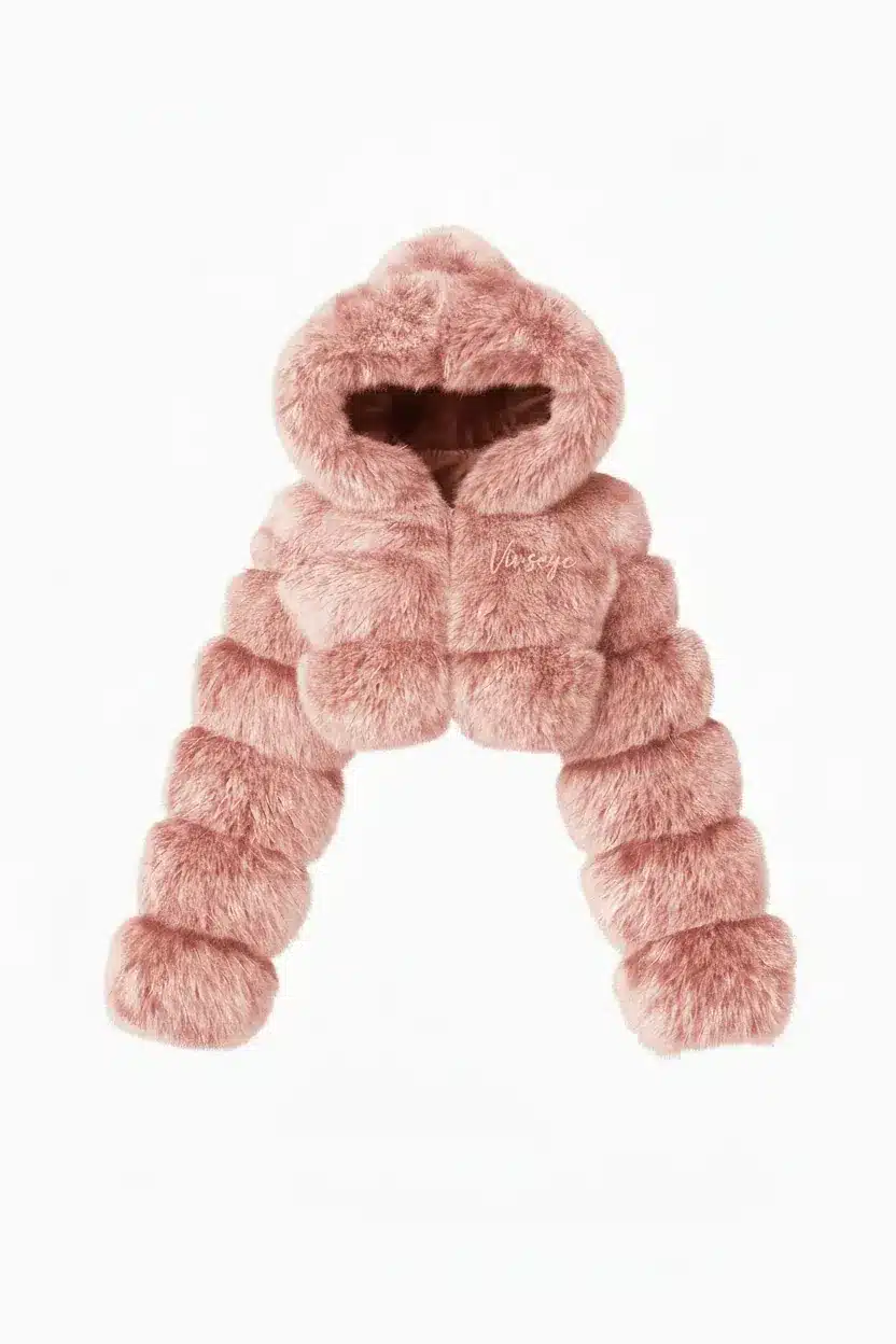 Blouson streetwear luxe Crop à Capuche Fourrure rose Vinseye-influensse