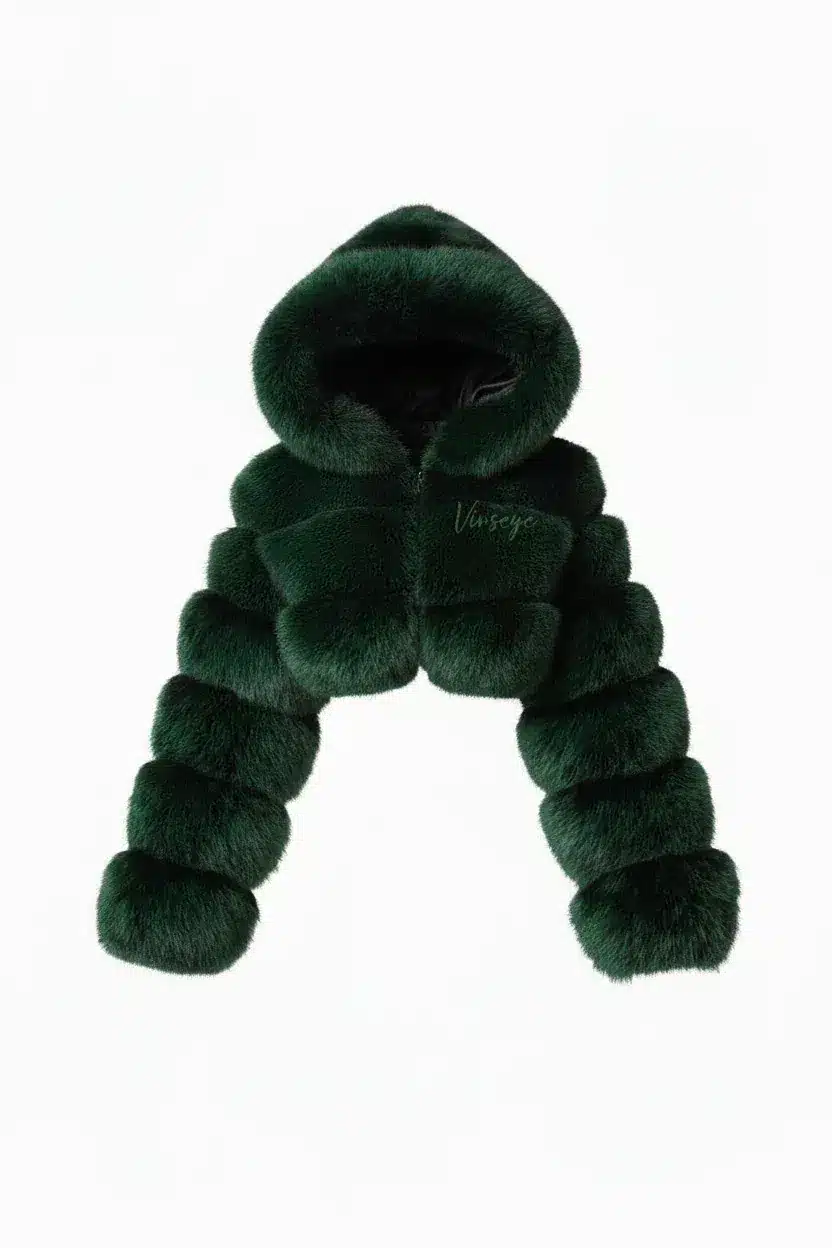 Blouson luxe Crop à Capuche Fourrure vert tara Vinseye-influensse