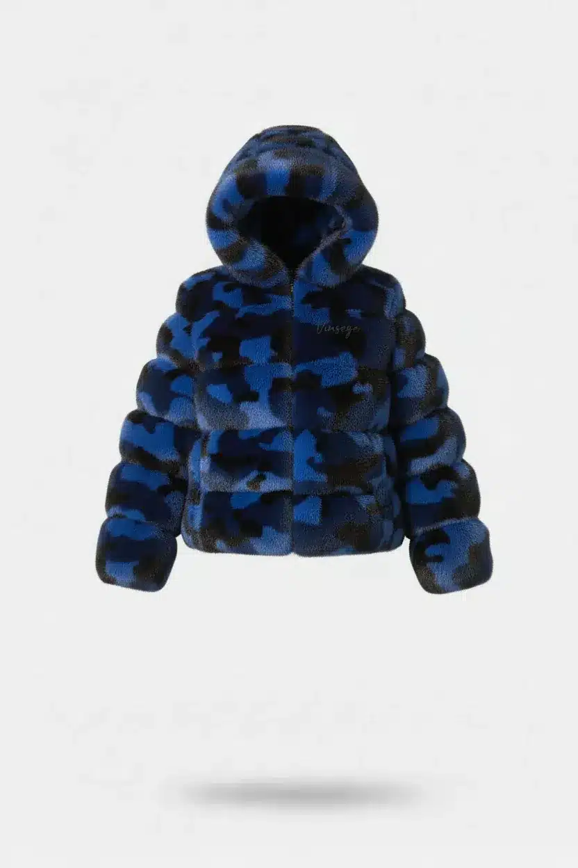 Doudoune Courte luxe à Capuche Fourrure Camo bleu Vinseye-influensse