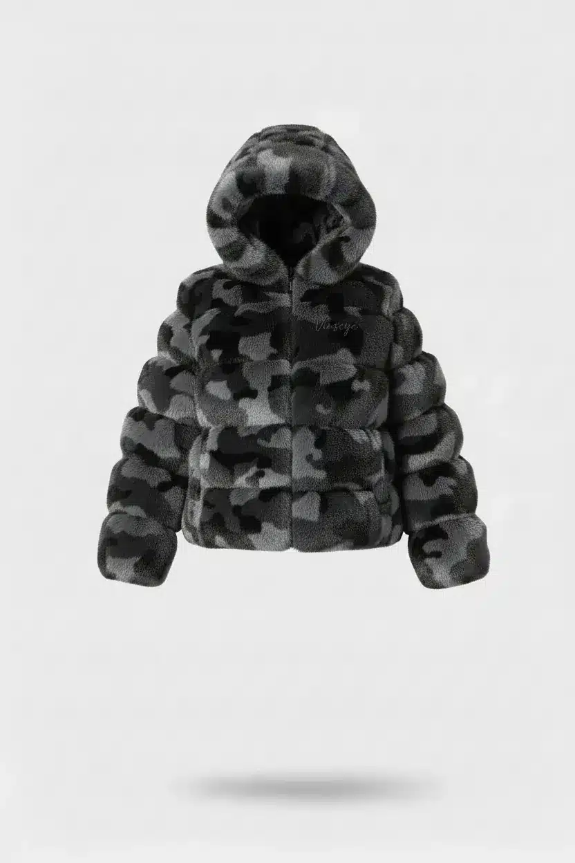Doudoune Courte luxe à Capuche Fourrure Camo gris Vinseye-influensse