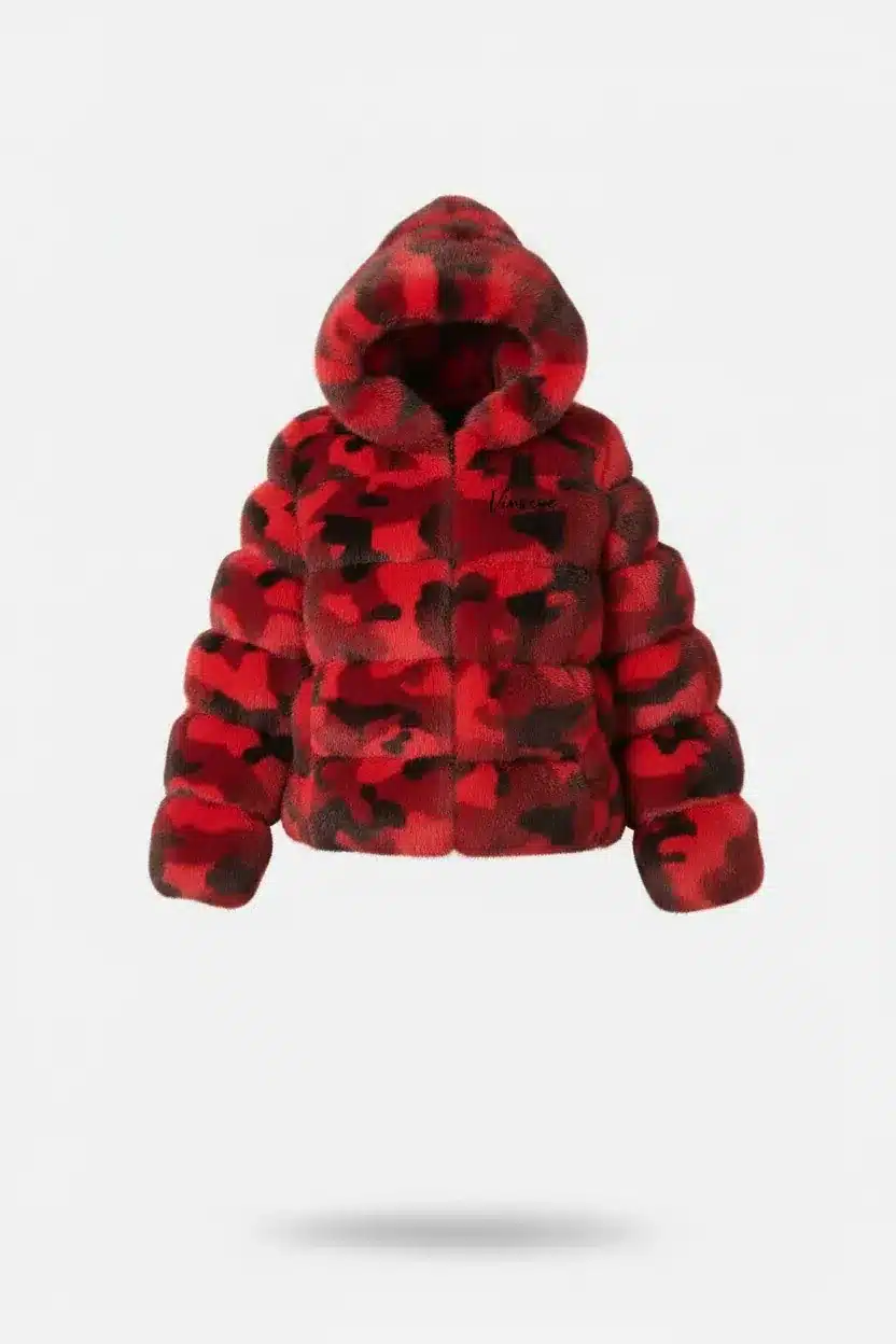 Doudoune Courte luxe à Capuche Fourrure Camo rouge Vinseye-influensse
