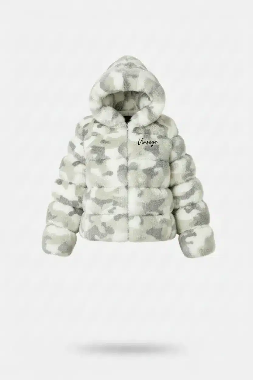 Doudoune Courte luxe à Capuche Fourrure Camo Blanc Vinseye-influensse