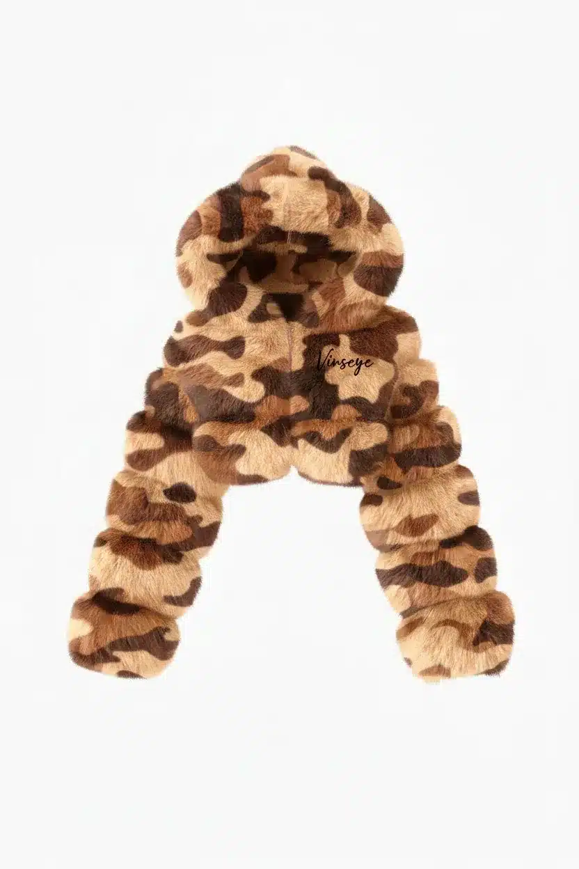 Blouson Crop à Capuche Fourrure Camo marron clair Vinseye-influensse