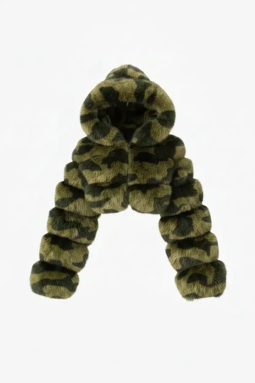 Blouson Crop à Capuche Fourrure Camo vert militaire Vinseye-influensse
