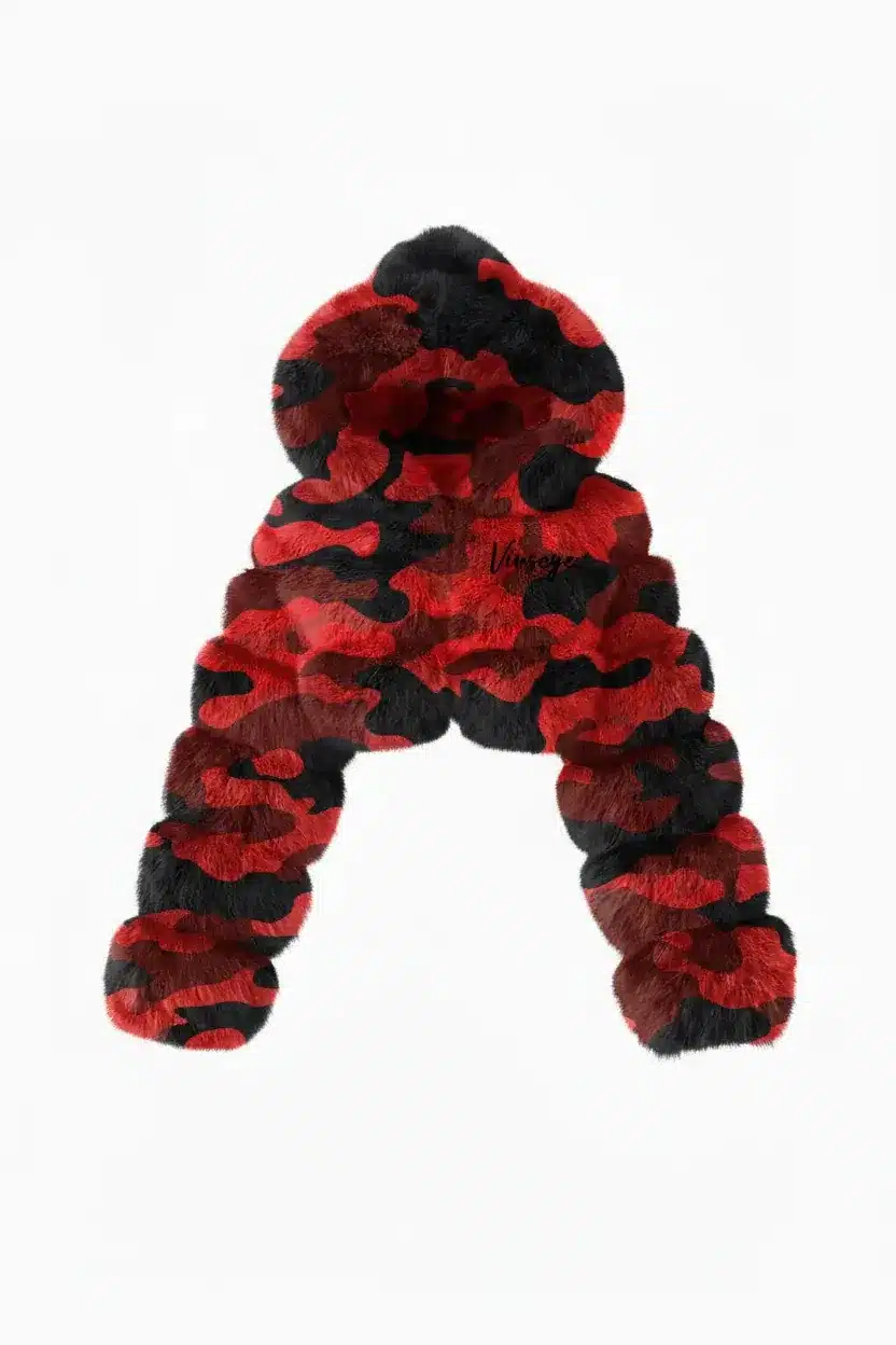 Blouson Crop à Capuche Fourrure Camo rouge Vinseye-influensse