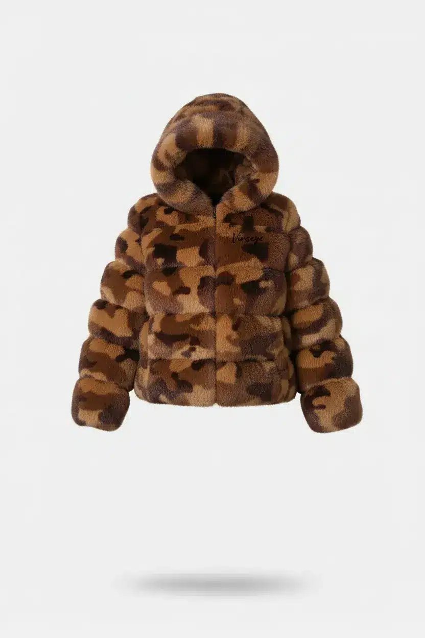 Doudoune Courte luxe à Capuche Fourrure Camo marron Vinseye-influensse