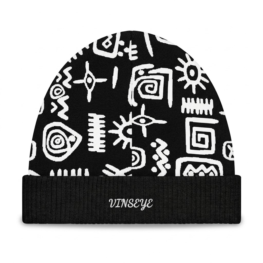 bonnet-vinseye-noir-motifs-tribaux-blancs-etBonnet à revers laine Mélanine noir blanc Vinseye-influensse