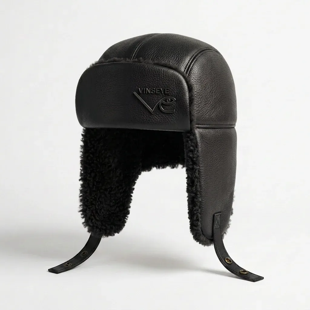 Chapka cuir grainé laine de mouton noir Vinseye-influensse